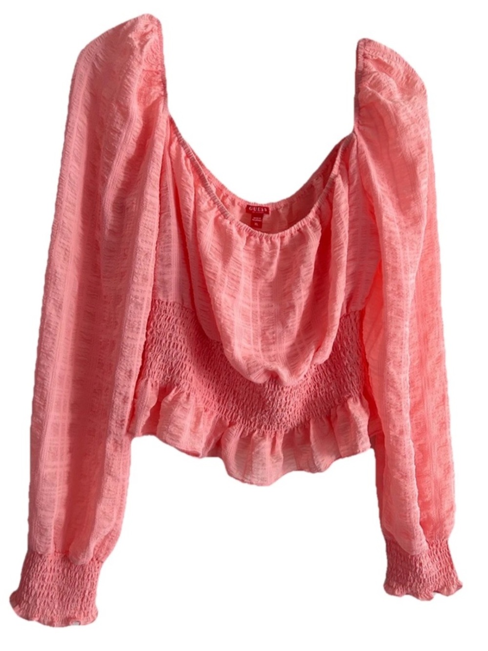 GUESS | Smocked Cinched Peplum Top Size XL Pink Blushed Pullover
